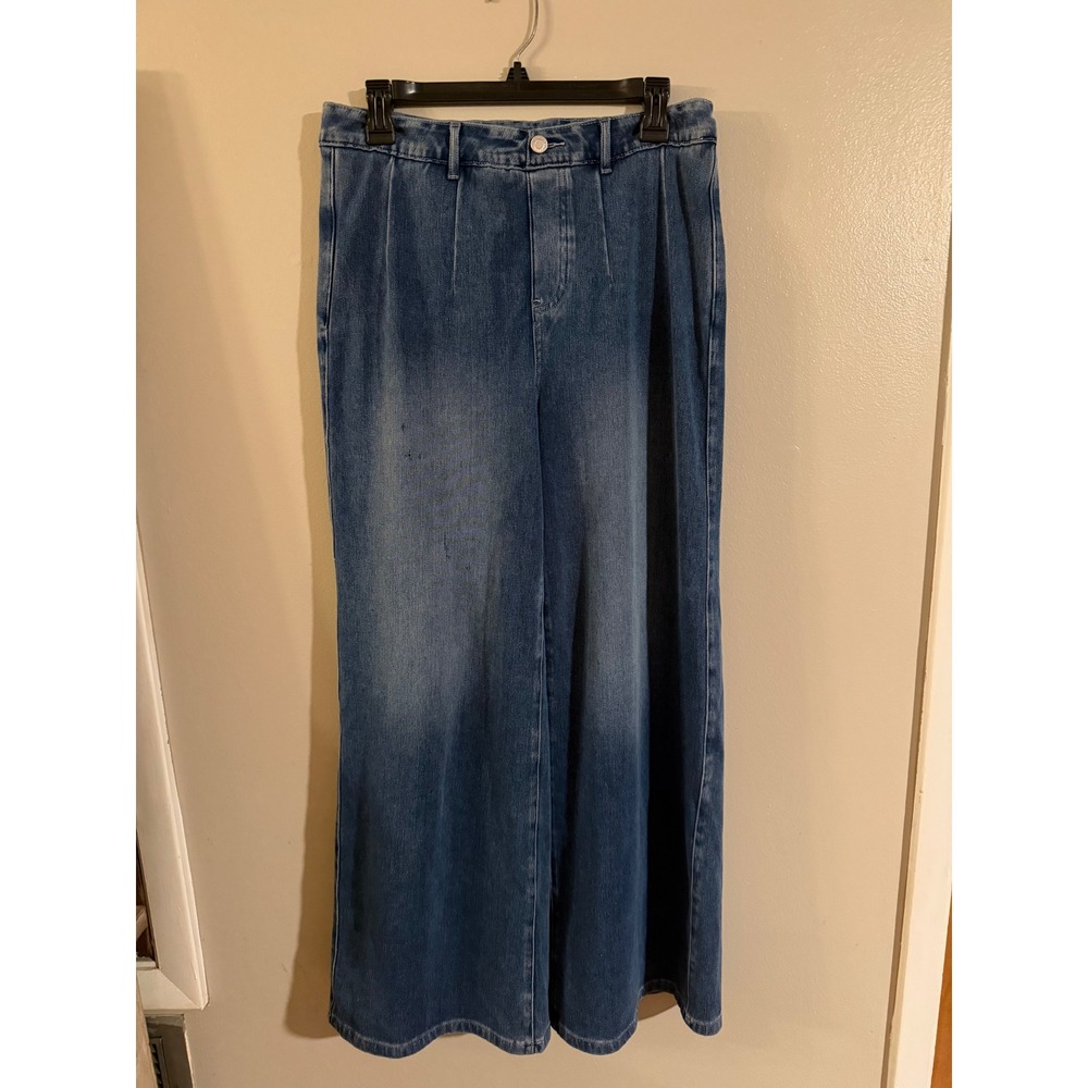 Halara Women Blue Wide Leg Pleated Denim Trousers High Waisted Jeans Size L